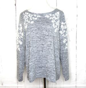 Indigo Soul Women's Pullover Sweater Lightweight Gray White Embroidery Size 2XL